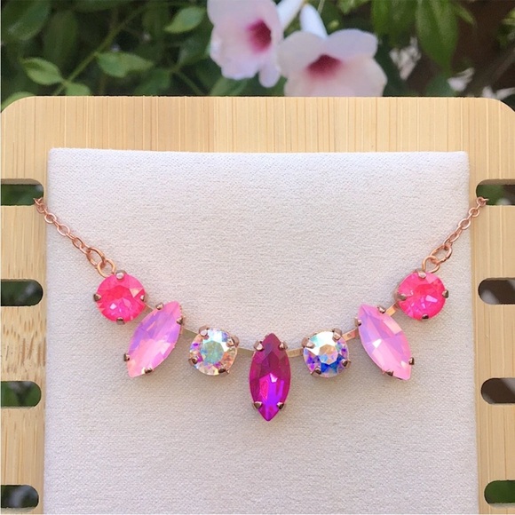 Hot Pink + Pink Opal Rose Gold Crystal Statement Necklace - Picture 1 of 7